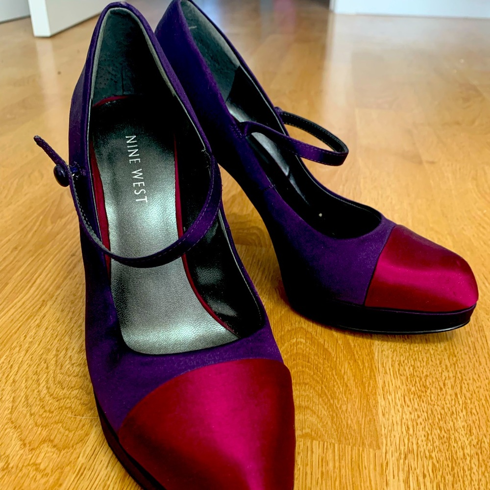 Nine west purple satin Mary Jane style platform heels.